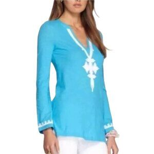 Lilly Pulitzer Thea Blue White Embroidered Tunic Top Long Sleeve Size L